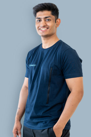 Jhalana Unisex Round Neck T-Shirt with Zip -Navy Blue