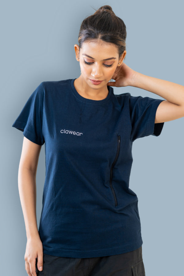 Jhalana Unisex Round Neck T-Shirt with Zip -Navy Blue