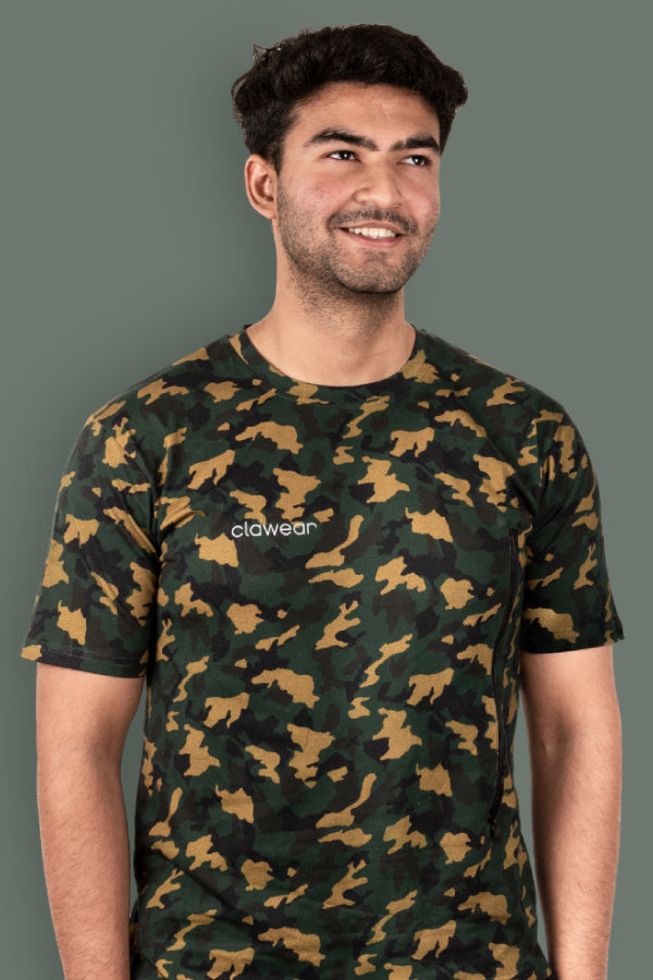 Jhalana Unisex Round Neck T-Shirt with Zip - Green Camo