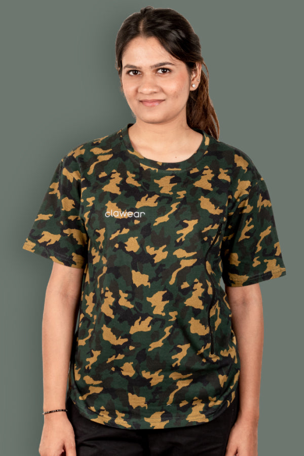 Jhalana Unisex Round Neck T-Shirt with Zip - Green Camo