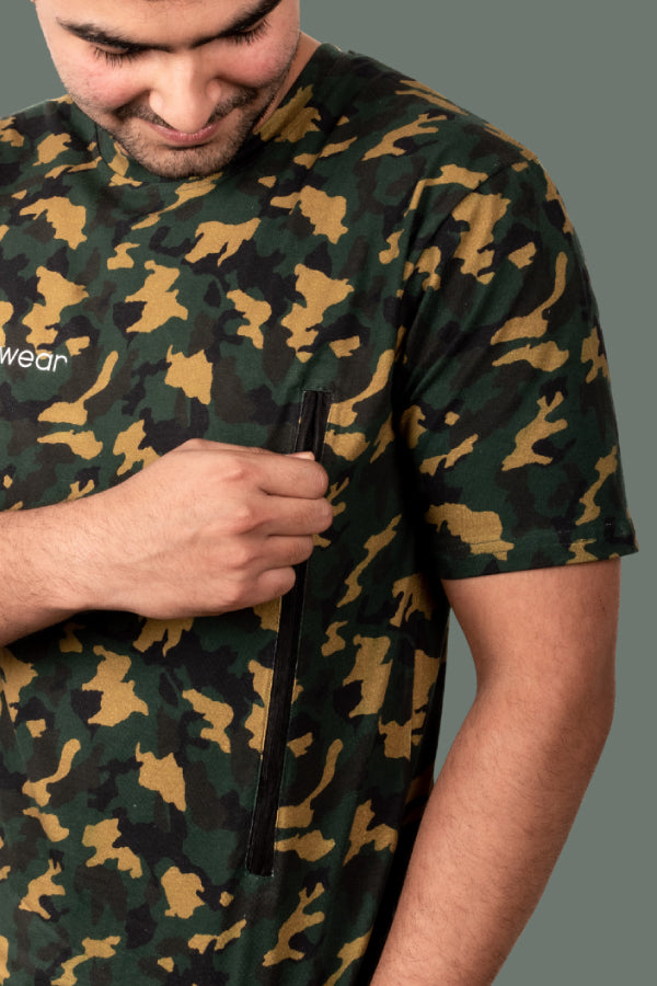 Jhalana Unisex Round Neck T-Shirt with Zip - Green Camo