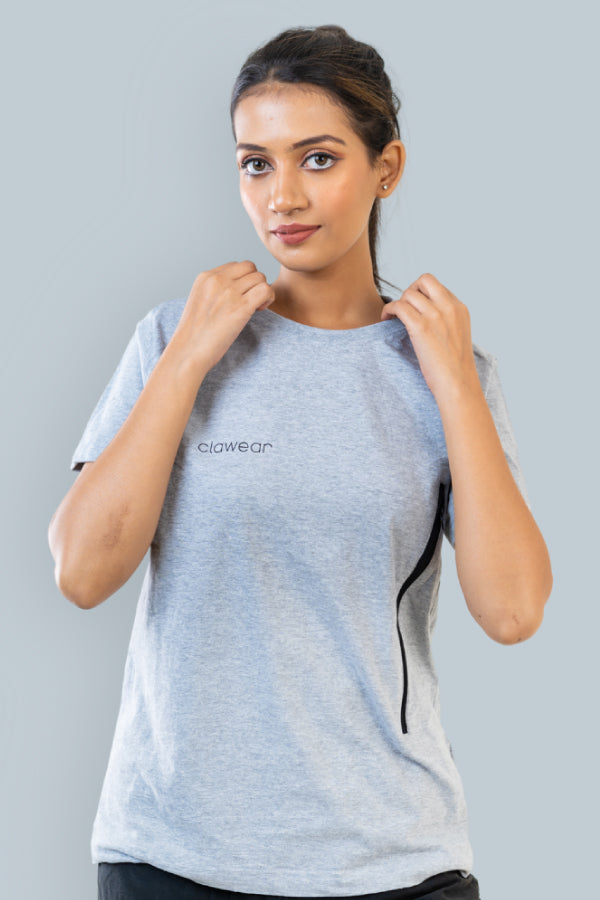 Jhalana Unisex Round Neck T-Shirt with Zip - Grey