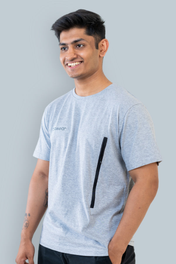 Jhalana Unisex Round Neck T-Shirt with Zip - Grey
