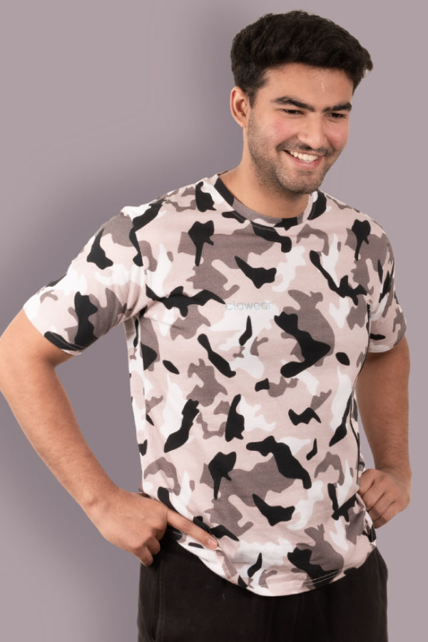 Jhalana Unisex Round Neck T-Shirt with Zip - Gray Camo