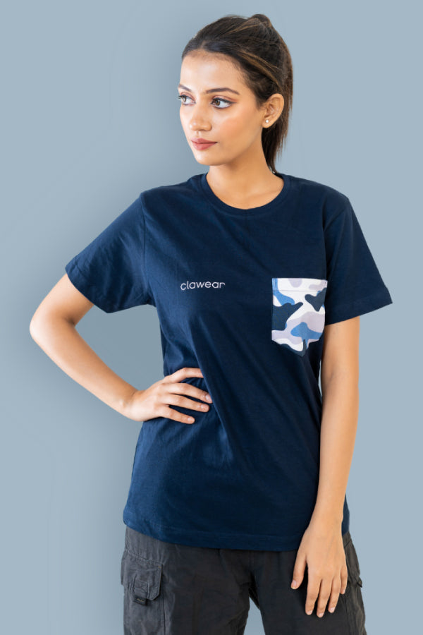 Kaziranga Unisex Round Neck T-Shirt with Pocket - Navy Blue