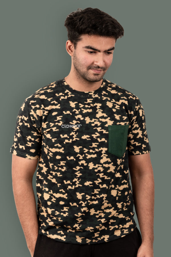 Kaziranga Unisex Round Neck T-Shirt with Pocket - Green Camo