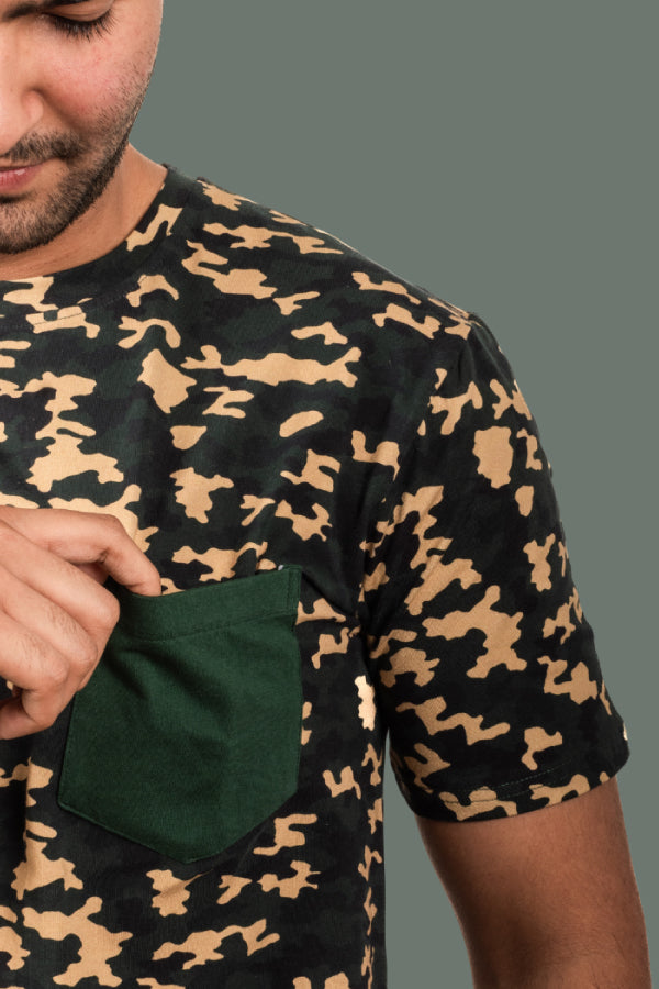 Kaziranga Unisex Round Neck T-Shirt with Pocket - Green Camo